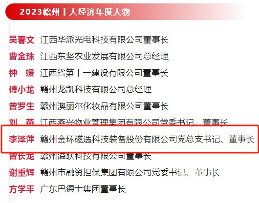 金環(huán)磁選黨總支書記、董事長(zhǎng)李澤萍榮獲 “2023贛州經(jīng)濟(jì)年度人物”